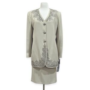John Meyer of Norwich Bisque Beaded Skirt Suit Set Size 14